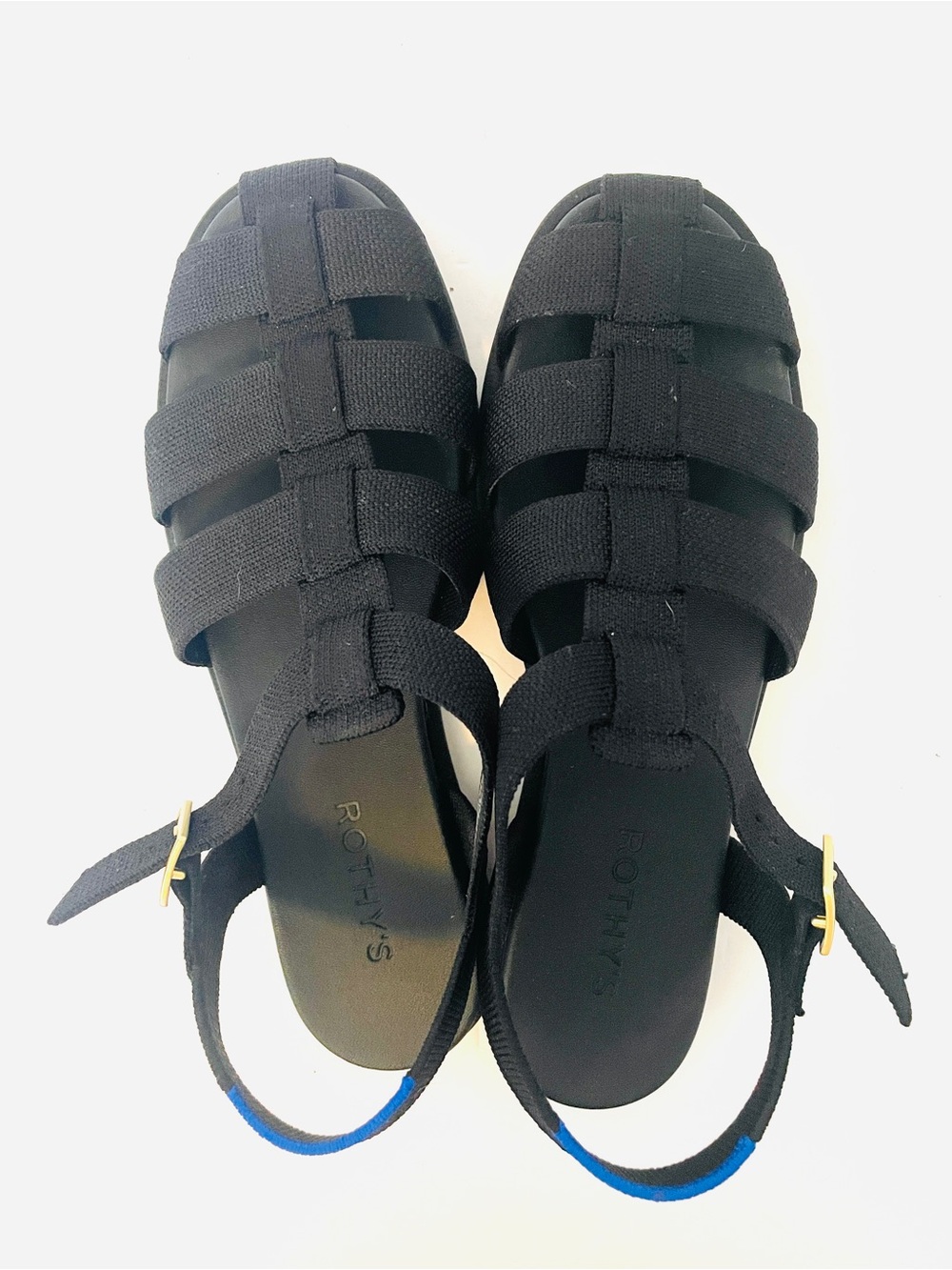 Rothy's Black Woven Fisherman Sandals with Blue Heel Accent